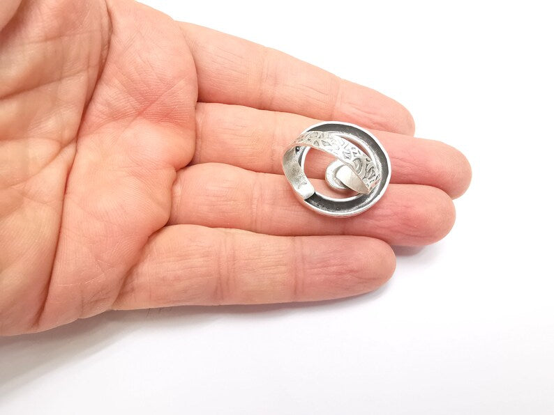 Circled Ring Setting, Cabochon Blank, Resin Bezel, Ring Mounting, Epoxy Frame, Adjustable Antique Silver Plated Brass 8mm G35237