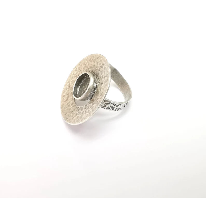 Hammered Circled Branch Ring Setting, Cabochon Blank, Resin Bezel Mounting, Epoxy Frame, Adjustable Antique Silver Plated Brass 10mm G35241