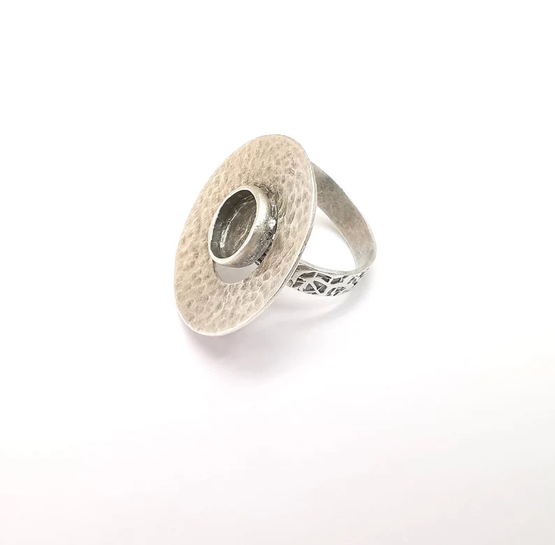 Hammered Circled Branch Ring Setting, Cabochon Blank, Resin Bezel Mounting, Epoxy Frame, Adjustable Antique Silver Plated Brass 10mm G35241