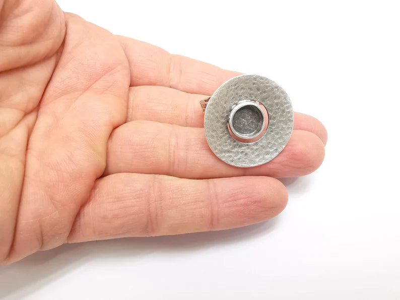 Hammered Circled Branch Ring Setting, Cabochon Blank, Resin Bezel Mounting, Epoxy Frame, Adjustable Antique Silver Plated Brass 10mm G35241