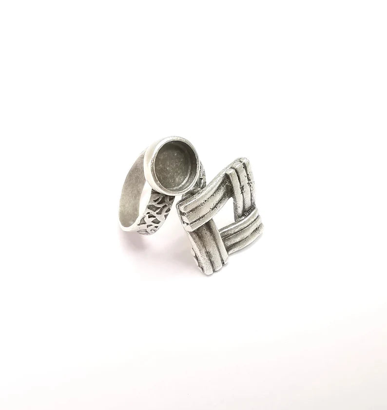 Silver Ring Setting, Cabochon Blank, Resin Bezel, Round Ring Mounting, Epoxy Frame Base, Adjustable Antique Silver Plated Brass 8mm G35242