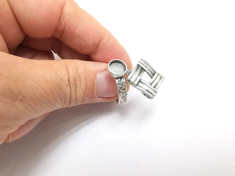 Silver Ring Setting, Cabochon Blank, Resin Bezel, Round Ring Mounting, Epoxy Frame Base, Adjustable Antique Silver Plated Brass 8mm G35242