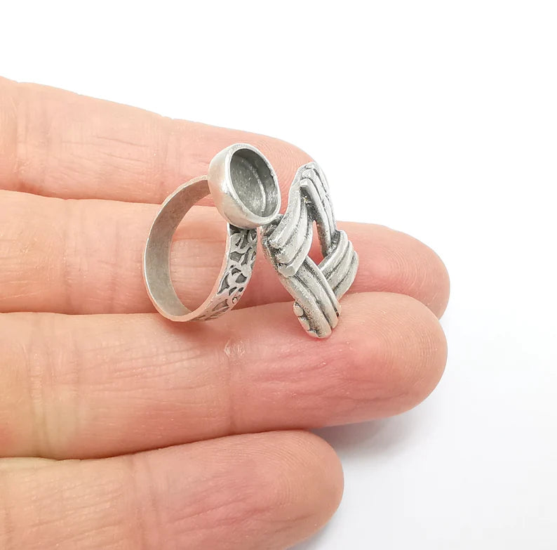 Silver Ring Setting, Cabochon Blank, Resin Bezel, Round Ring Mounting, Epoxy Frame Base, Adjustable Antique Silver Plated Brass 8mm G35242