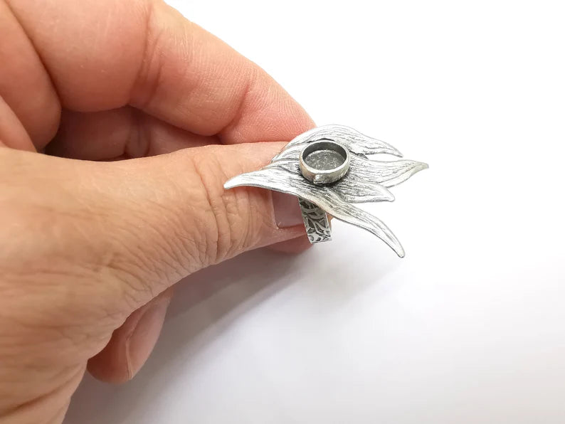 Silver Ring Setting, Cabochon Blank, Resin Bezel, Round Ring Mounting, Epoxy Frame Base, Adjustable Antique Silver Plated Brass 8mm G35243