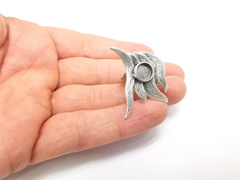 Silver Ring Setting, Cabochon Blank, Resin Bezel, Round Ring Mounting, Epoxy Frame Base, Adjustable Antique Silver Plated Brass 8mm G35243