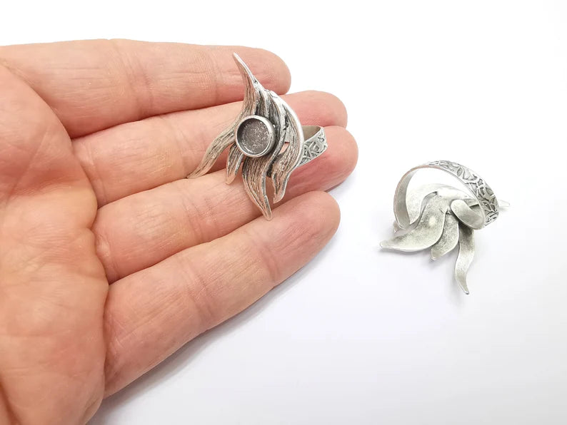 Silver Ring Setting, Cabochon Blank, Resin Bezel, Round Ring Mounting, Epoxy Frame Base, Adjustable Antique Silver Plated Brass 8mm G35243