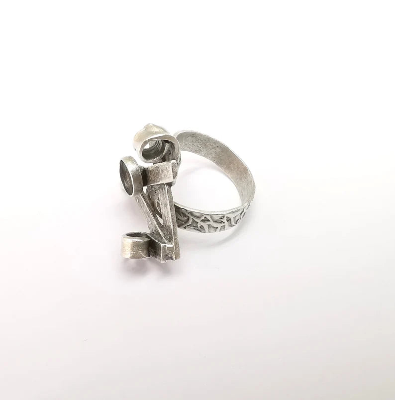 Silver Ring Setting, Cabochon Blank, Resin Bezel, Round Ring Mounting, Epoxy Frame Base, Adjustable Antique Silver Plated Brass 6mm G35244