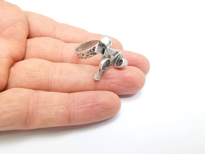 Silver Ring Setting, Cabochon Blank, Resin Bezel, Round Ring Mounting, Epoxy Frame Base, Adjustable Antique Silver Plated Brass 6mm G35244