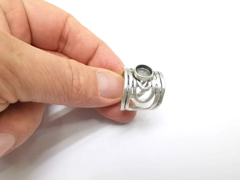 Silver Ring Setting, Cabochon Blank, Resin Bezel, Round Ring Mounting, Epoxy Frame Base, Adjustable Antique Silver Plated Brass 8mm G35245