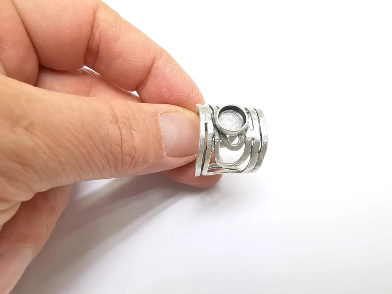 Silver Ring Setting, Cabochon Blank, Resin Bezel, Round Ring Mounting, Epoxy Frame Base, Adjustable Antique Silver Plated Brass 8mm G35245