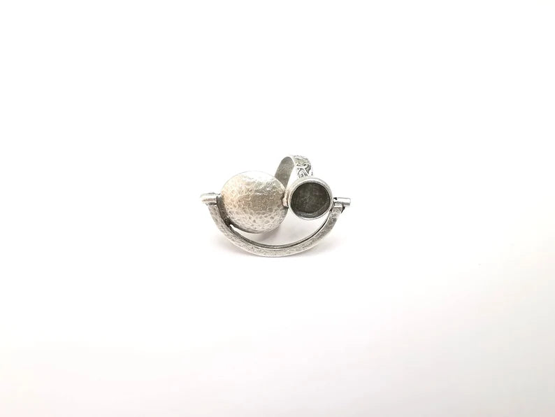 Silver Ring Setting, Cabochon Blank, Resin Bezel, Round Ring Mounting, Epoxy Frame Base, Adjustable Antique Silver Plated Brass 10mm G35246