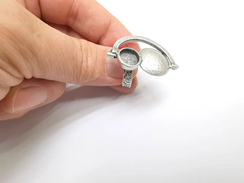 Silver Ring Setting, Cabochon Blank, Resin Bezel, Round Ring Mounting, Epoxy Frame Base, Adjustable Antique Silver Plated Brass 10mm G35246