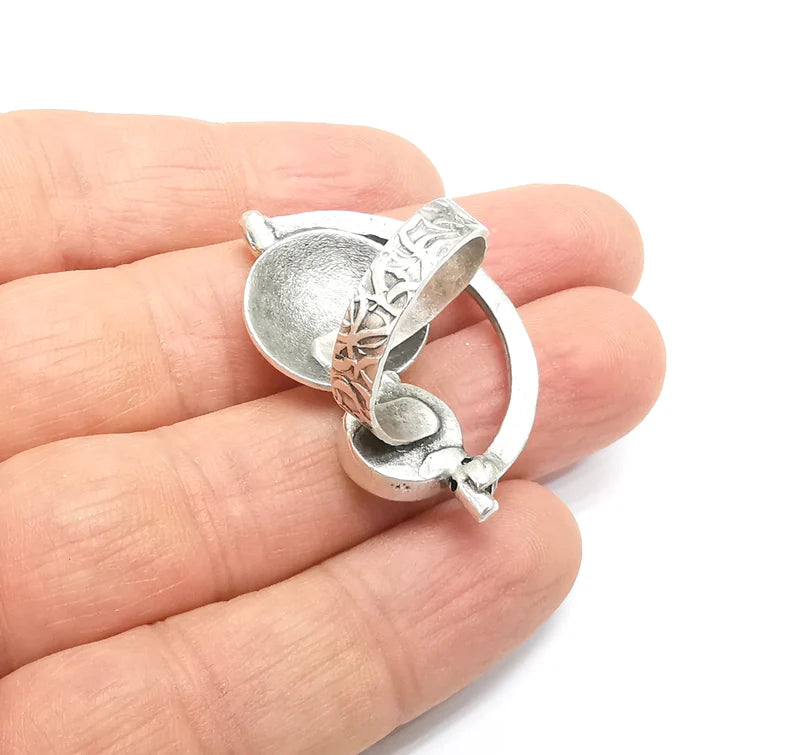 Silver Ring Setting, Cabochon Blank, Resin Bezel, Round Ring Mounting, Epoxy Frame Base, Adjustable Antique Silver Plated Brass 10mm G35246