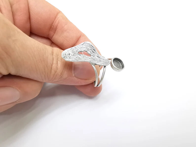 Silver Ring Setting, Cabochon Blank, Resin Bezel, Round Ring Mounting, Epoxy Frame Base, Adjustable Antique Silver Plated Brass 8mm G35247