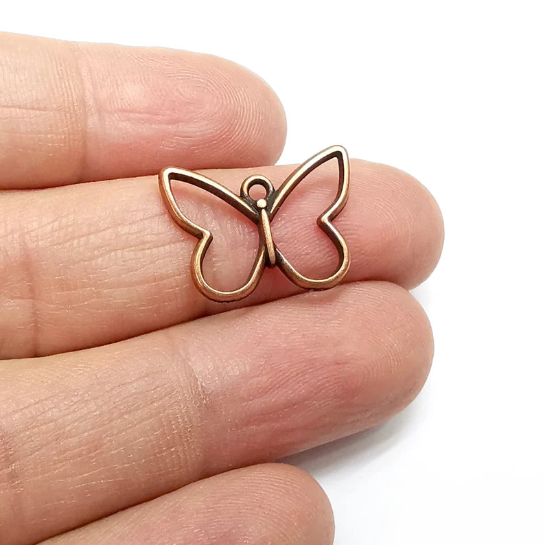 5 Butterfly Wing Charms, Animals Charms, Ethnic Earring Charms, Copper Rustic Pendant, Necklace Parts, Antique Copper Plated 21x15mm G35071