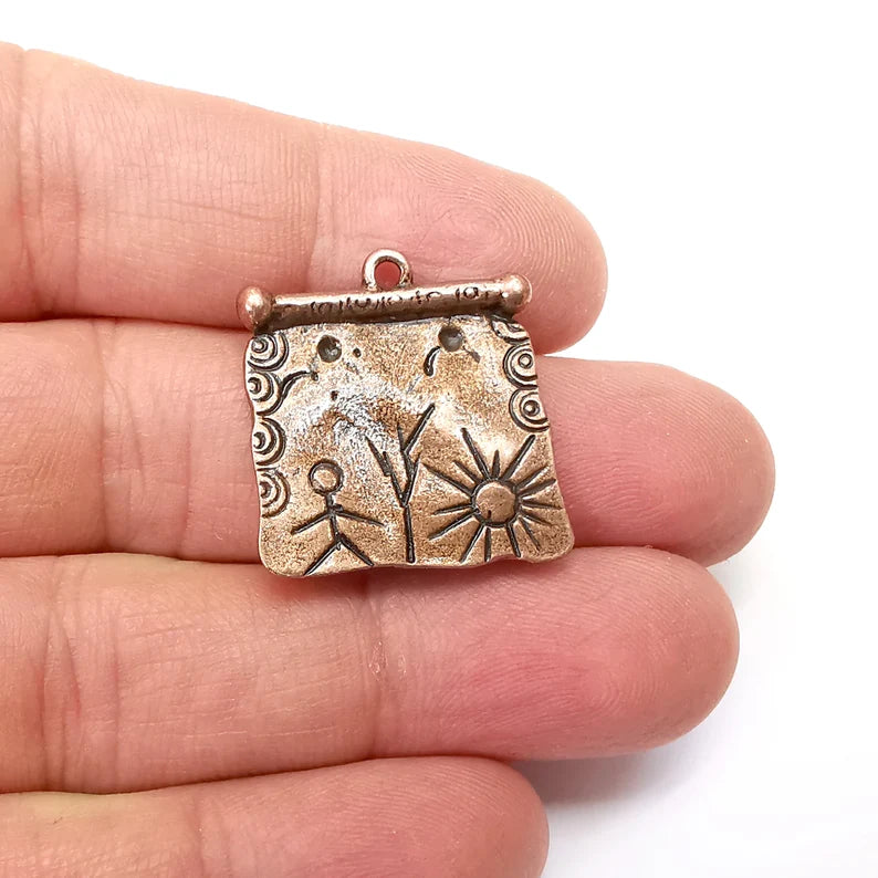 Copper Dangle Charms, Boho Sun Charms, Rustic Charms, Earring Charms, Copper Pendant, Necklace Parts, Antique Copper Plated 26x25mm G35249