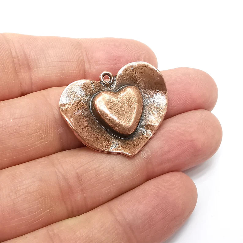 Heart Charms, Boho Charms, Love Charms, Dangle Earring Charms, Copper Pendant, Necklace Parts, Antique Copper Plated 34x27mm G35253