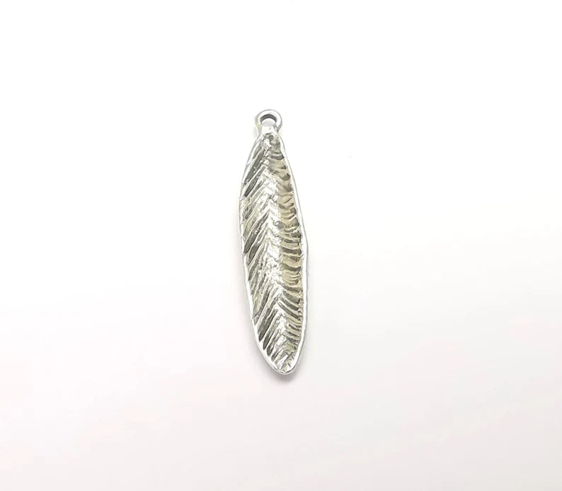 2 Feather Charms, Boho Charms, Leaf Charms, Dangle Earring Charms, Silver Pendant, Necklace Parts, Antique Silver Plated 40x8mm G35072