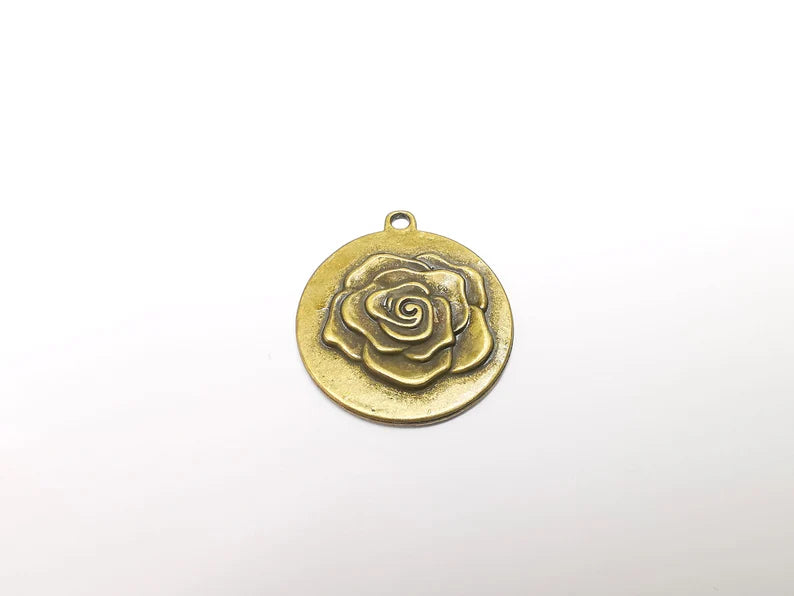 Rose Charms, Bronze Flower Charms, Earring Charms, Bronze Pendant, Necklace Pendant, Antique Bronze Plated Metal 35x31mm G35074