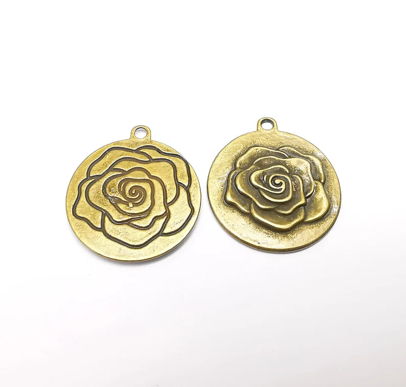 Rose Charms, Bronze Flower Charms, Earring Charms, Bronze Pendant, Necklace Pendant, Antique Bronze Plated Metal 35x31mm G35074