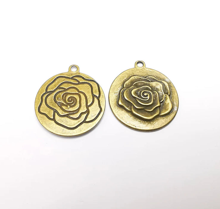 Rose Charms, Bronze Flower Charms, Earring Charms, Bronze Pendant, Necklace Pendant, Antique Bronze Plated Metal 35x31mm G35074