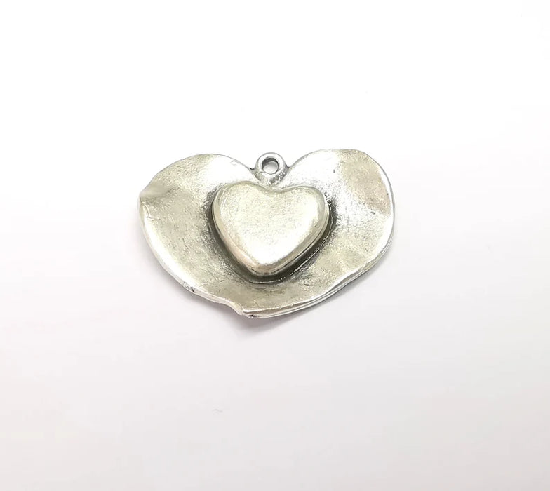 Heart Charms, Boho Charms, Love Charms, Dangle Earring Charms, Silver Pendant, Necklace Parts, Antique Silver Plated 34x27mm G35075