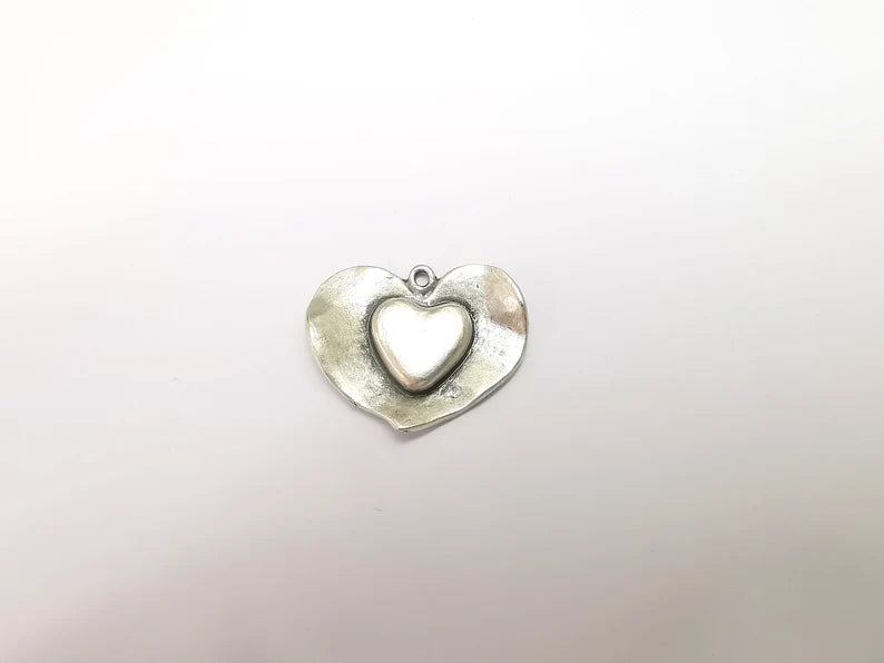 Heart Charms, Boho Charms, Love Charms, Dangle Earring Charms, Silver Pendant, Necklace Parts, Antique Silver Plated 34x27mm G35075