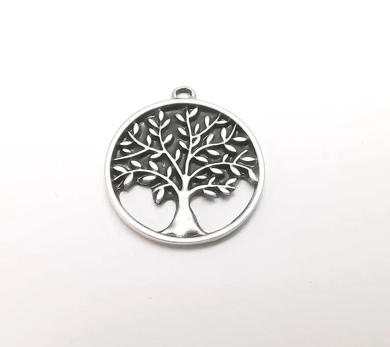 2 Tree Charms, Silver Boho Charms, Love Charms, Dangle Earring Charms, Silver Pendant, Necklace Parts, Antique Silver Plated 26x23mm G35080