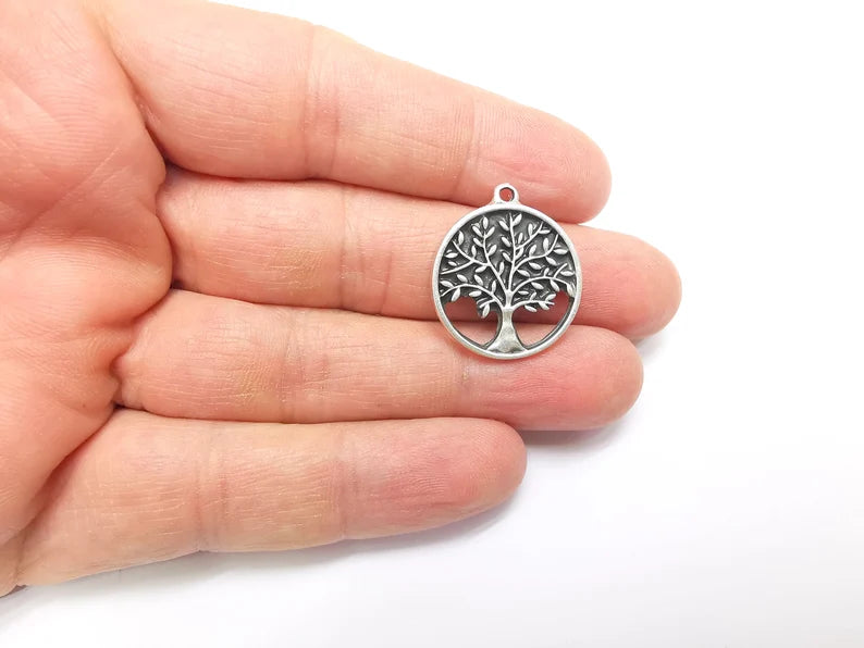 2 Tree Charms, Silver Boho Charms, Love Charms, Dangle Earring Charms, Silver Pendant, Necklace Parts, Antique Silver Plated 26x23mm G35080
