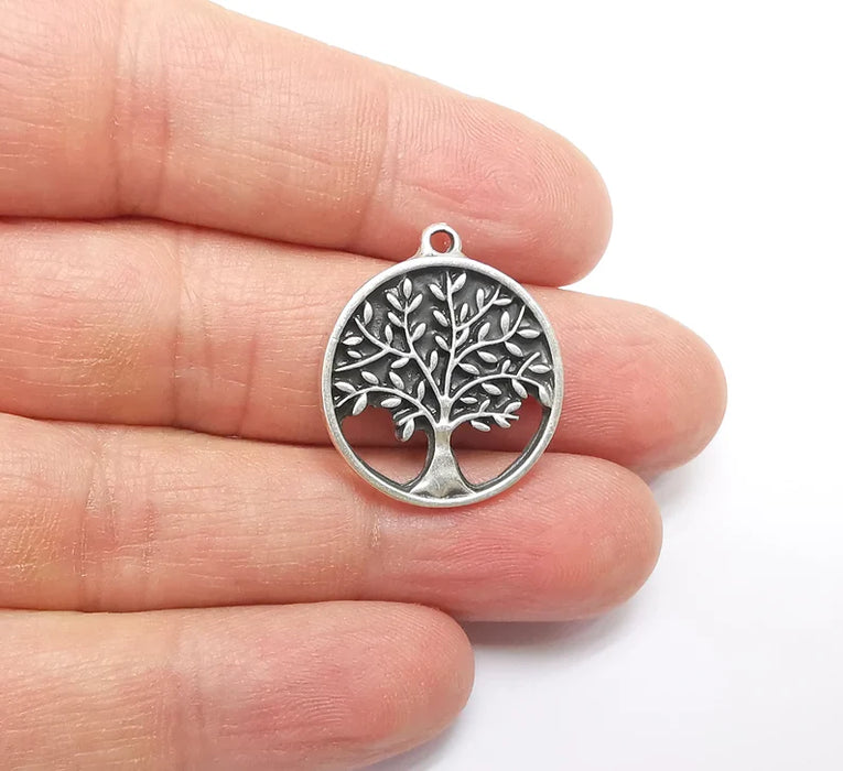 2 Tree Charms, Silver Boho Charms, Love Charms, Dangle Earring Charms, Silver Pendant, Necklace Parts, Antique Silver Plated 26x23mm G35080