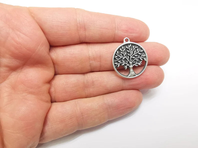 2 Tree Charms, Silver Boho Charms, Love Charms, Dangle Earring Charms, Silver Pendant, Necklace Parts, Antique Silver Plated 26x23mm G35080