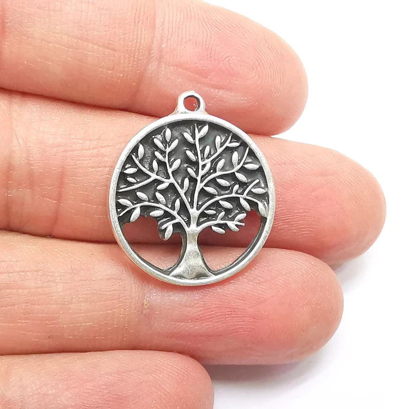 2 Tree Charms, Silver Boho Charms, Love Charms, Dangle Earring Charms, Silver Pendant, Necklace Parts, Antique Silver Plated 26x23mm G35080