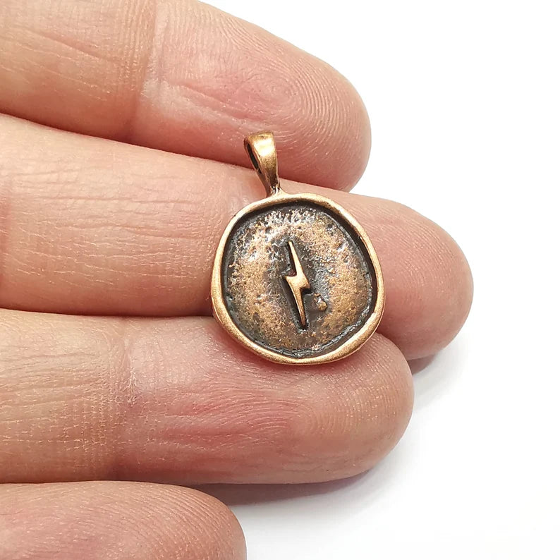 2 Copper Thunder Charms, Disc Charms, Ethnic Earring Charms, Copper Rustic Pendant, Necklace Parts, Antique Copper Plated 24x17mm G35084