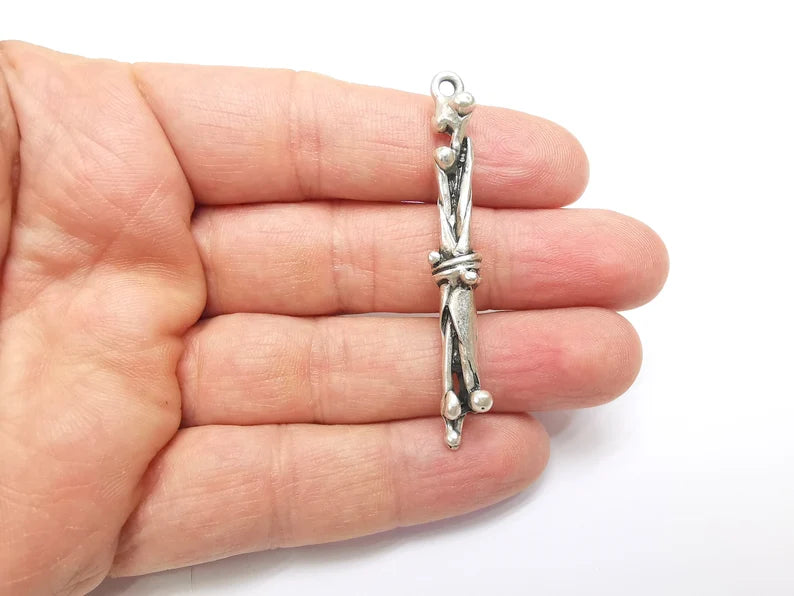Silver Dangle Charms, Boho Charms, Rustic Charms, Earring Charms, Silver Pendant, Necklace Parts, Antique Silver Plated 59x6mm G35090