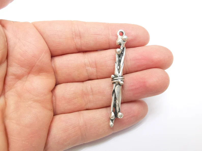 Silver Dangle Charms, Boho Charms, Rustic Charms, Earring Charms, Silver Pendant, Necklace Parts, Antique Silver Plated 59x6mm G35090