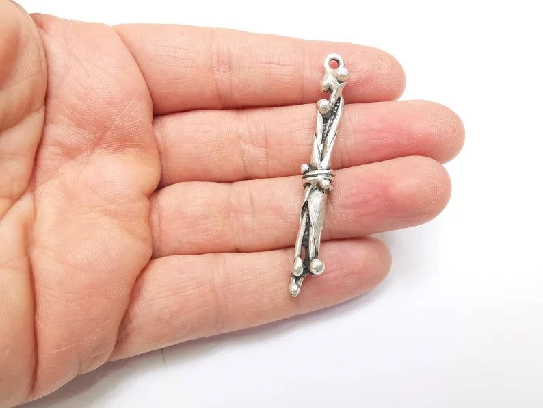 Silver Dangle Charms, Boho Charms, Rustic Charms, Earring Charms, Silver Pendant, Necklace Parts, Antique Silver Plated 59x6mm G35090