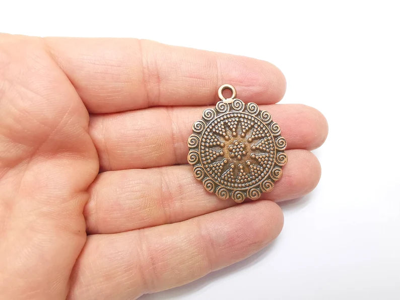 Copper Mystic Charms, Baroque Charms, Ethnic Earring Charms, Copper Rustic Pendant, Necklace Parts, Antique Copper Plated 38x32mm G35092