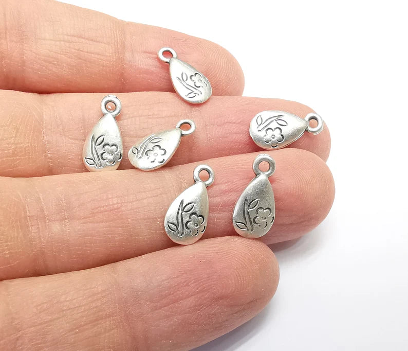 10 Flower Drop Charms, Leaf Flower Charms, Dangle Charm, Bracelet Component, Earring Charm, Necklace Parts, Antique Silver Plated 14x7mm G35102