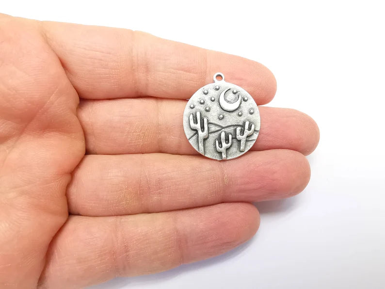 Desert Charms, Cactus Charm, Dune Charm, Desert Night Charms, Crescent Star Charms, Earring Parts, Antique Silver Plated 28x25mm G35107