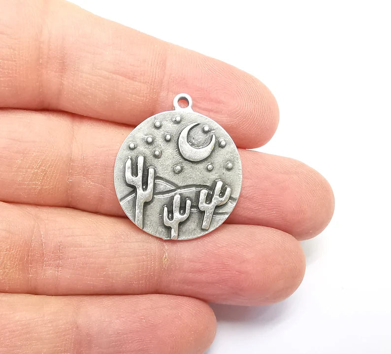 Desert Charms, Cactus Charm, Dune Charm, Desert Night Charms, Crescent Star Charms, Earring Parts, Antique Silver Plated 28x25mm G35107