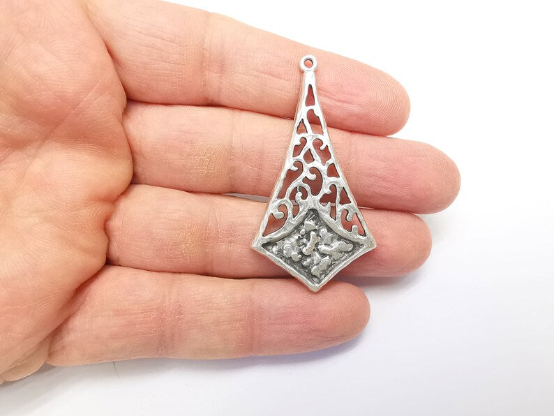 Silver Dangle Charms, Boho Charms, Stalactite Charms, Earring Charms, Silver Pendant, Necklace Parts, Antique Silver Plated 54x29mm G35086