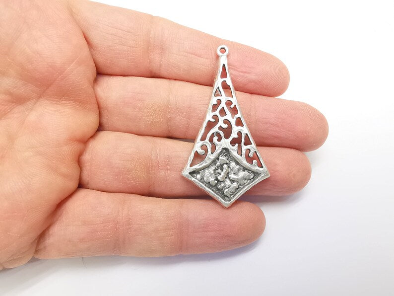Silver Dangle Charms, Boho Charms, Stalactite Charms, Earring Charms, Silver Pendant, Necklace Parts, Antique Silver Plated 54x29mm G35086