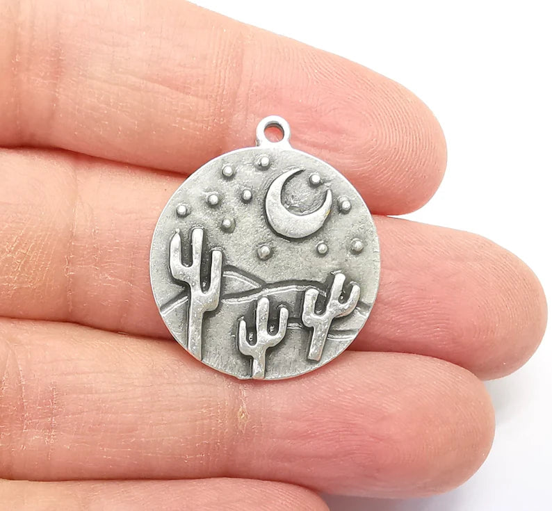 Desert Charms, Cactus Charm, Dune Charm, Desert Night Charms, Crescent Star Charms, Earring Parts, Antique Silver Plated 28x25mm G35107