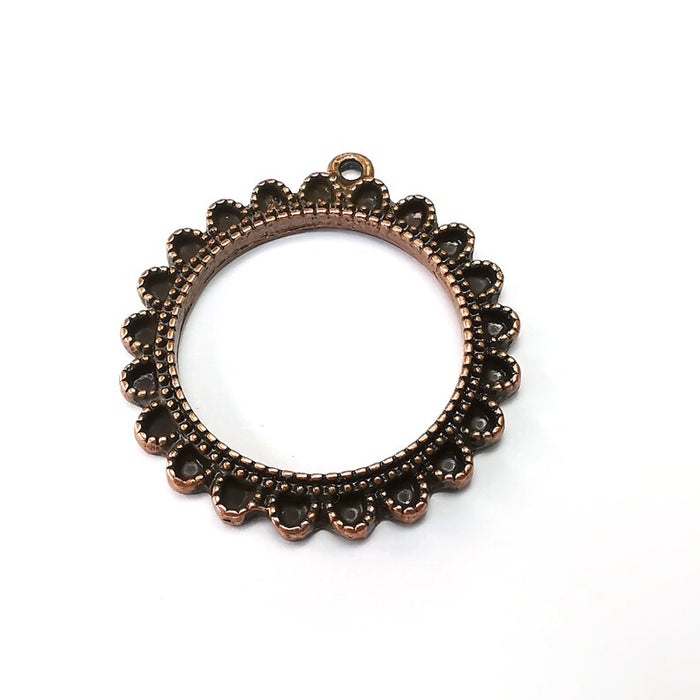 Flower Frame Charms, Round Charms, Ethnic Earring Charms, Copper Rustic Pendant, Necklace Parts, Antique Copper Plated 37x33mm G35111