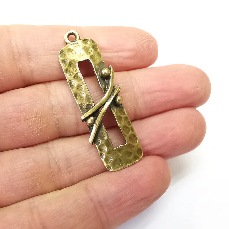 Hammered Charms, Rectangle Charms, Ethnic Earring Charms, Bronze Rustic Pendant, Necklace Parts, Antique Bronze Plated 47x15mm G35115