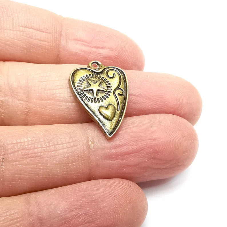 Heart Charms, Heart Star Charms, Ethnic Earring Charms, Bronze Rustic Pendant, Necklace Parts, Antique Bronze Plated 24x15mm G35122