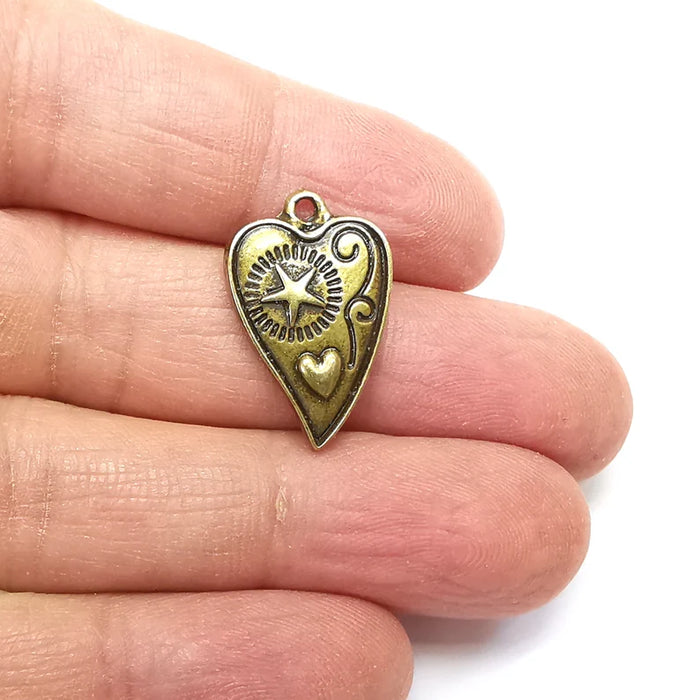 Heart Charms, Heart Star Charms, Ethnic Earring Charms, Bronze Rustic Pendant, Necklace Parts, Antique Bronze Plated 24x15mm G35122