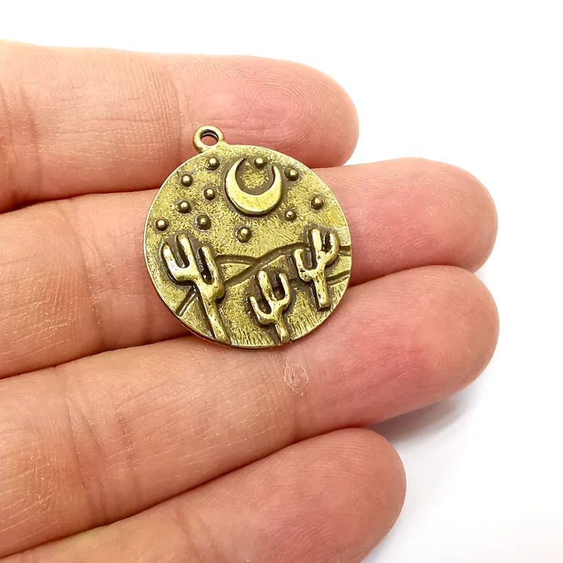 Desert Charms, Cactus Charm, Dune Charm, Desert Night Charms, Crescent Star Charms, Earring Parts, Antique Bronze Plated 28x25mm G35267