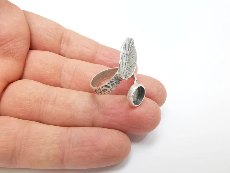 Leaf Ring Setting, Cabochon Blank, Resin Bezel, Round Ring Mounting, Epoxy Frame Base, Adjustable Antique Silver Plated Brass 8mm G35272