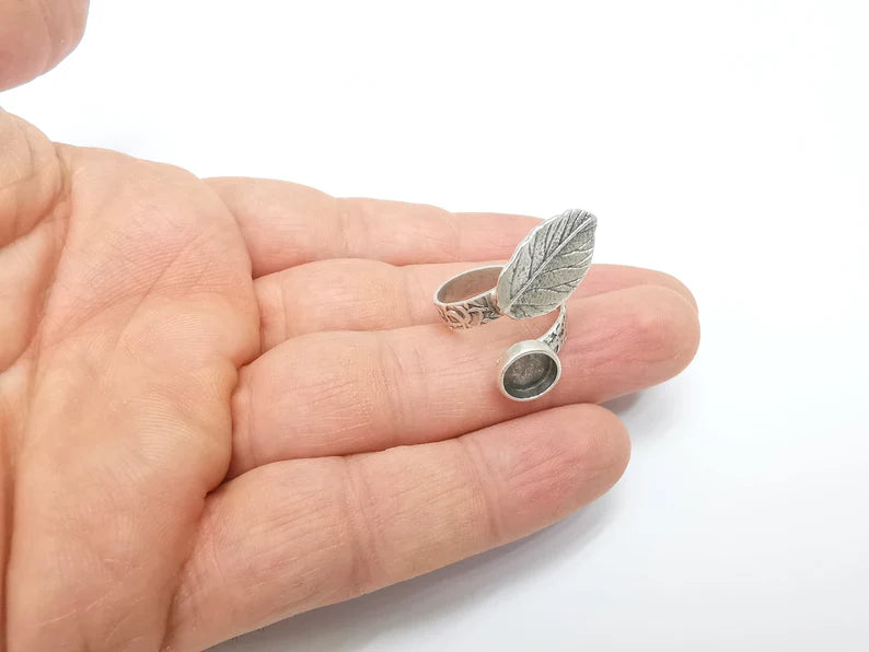 Leaf Ring Setting, Cabochon Blank, Resin Bezel, Round Ring Mounting, Epoxy Frame Base, Adjustable Antique Silver Plated Brass 8mm G35272